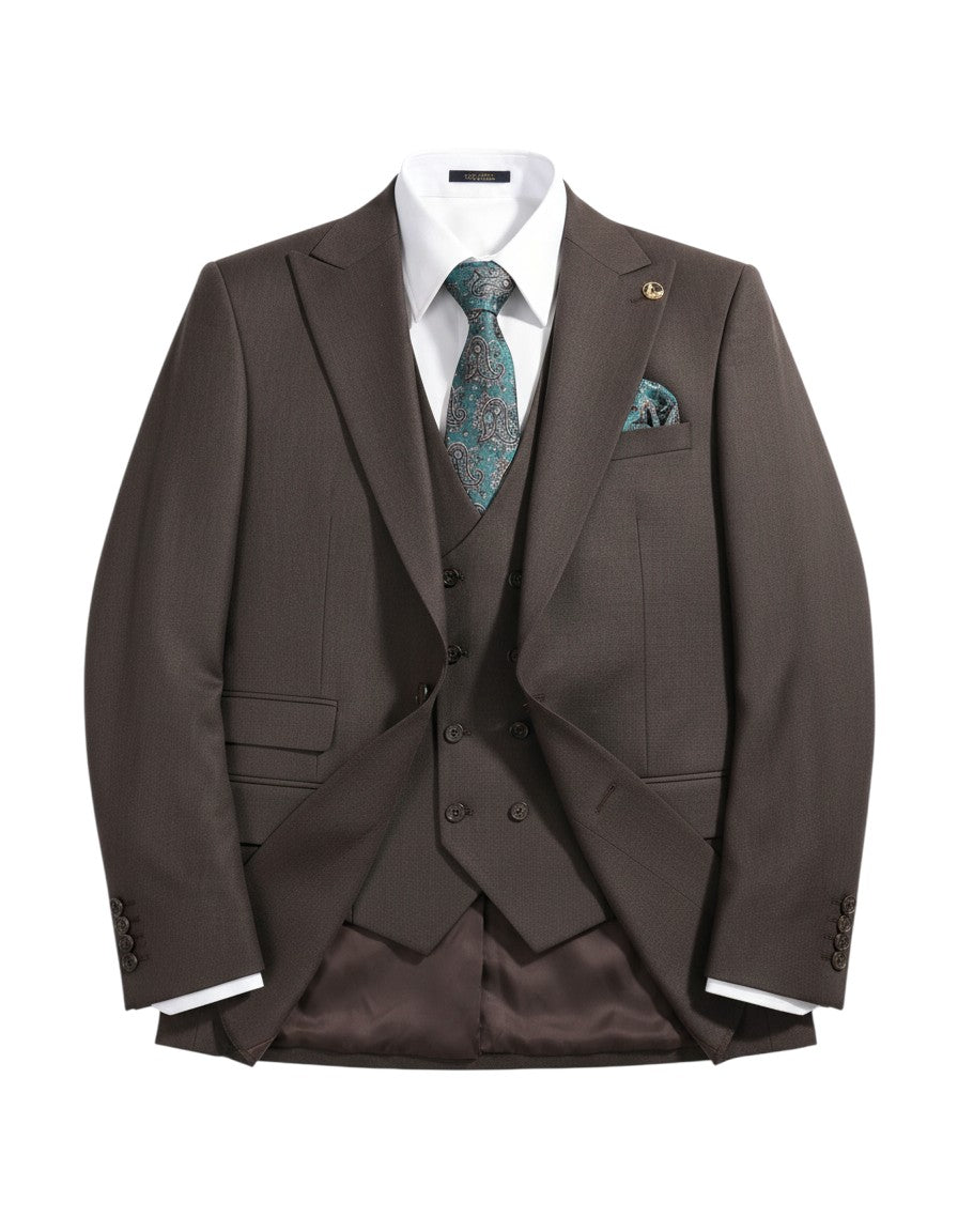 Dark Brown 3-Piece Suit with Teal Paisley Tie & Pocket Square