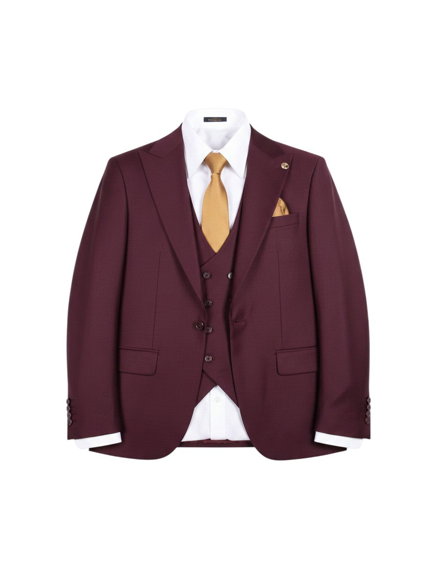 Burgundy 3-Piece Suit with Gold Tie & Pocket Square