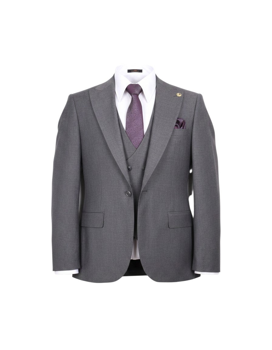 Grey 3-Piece Suit with Purple Swirl Tie & Pocket Square