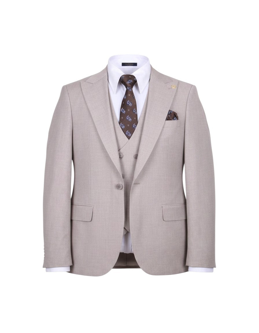 Beige 3-Piece Suit with Dark Brown Paisley Tie & Pocket Square