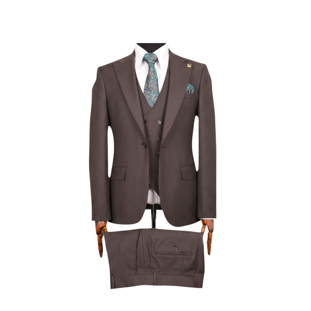 Premium Brown 3-Piece Suit Set with Teal Paisley Tie