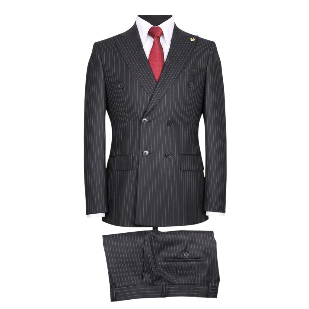 Premium Charcoal Pinstripe Double-Breasted Suit with Red Tie
