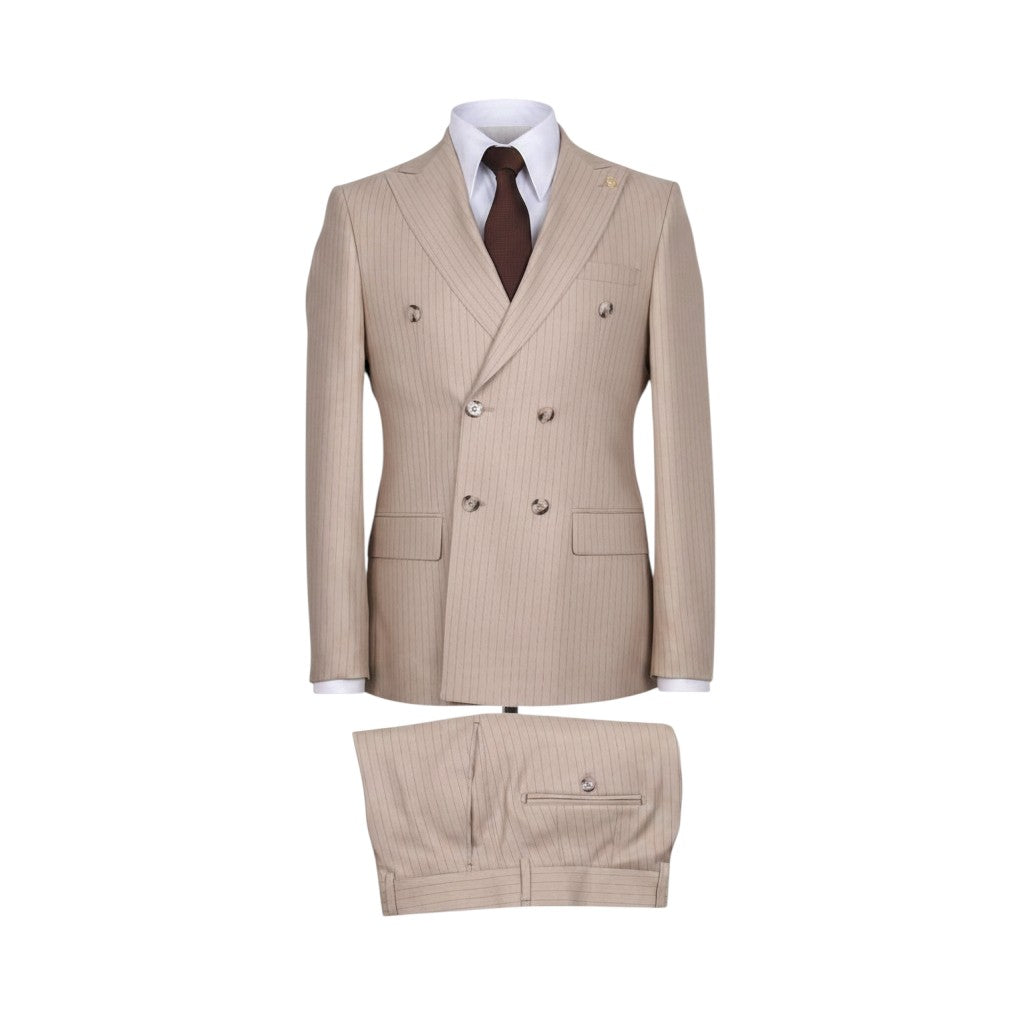 Premium Beige Pinstripe Suit with Brown Tie