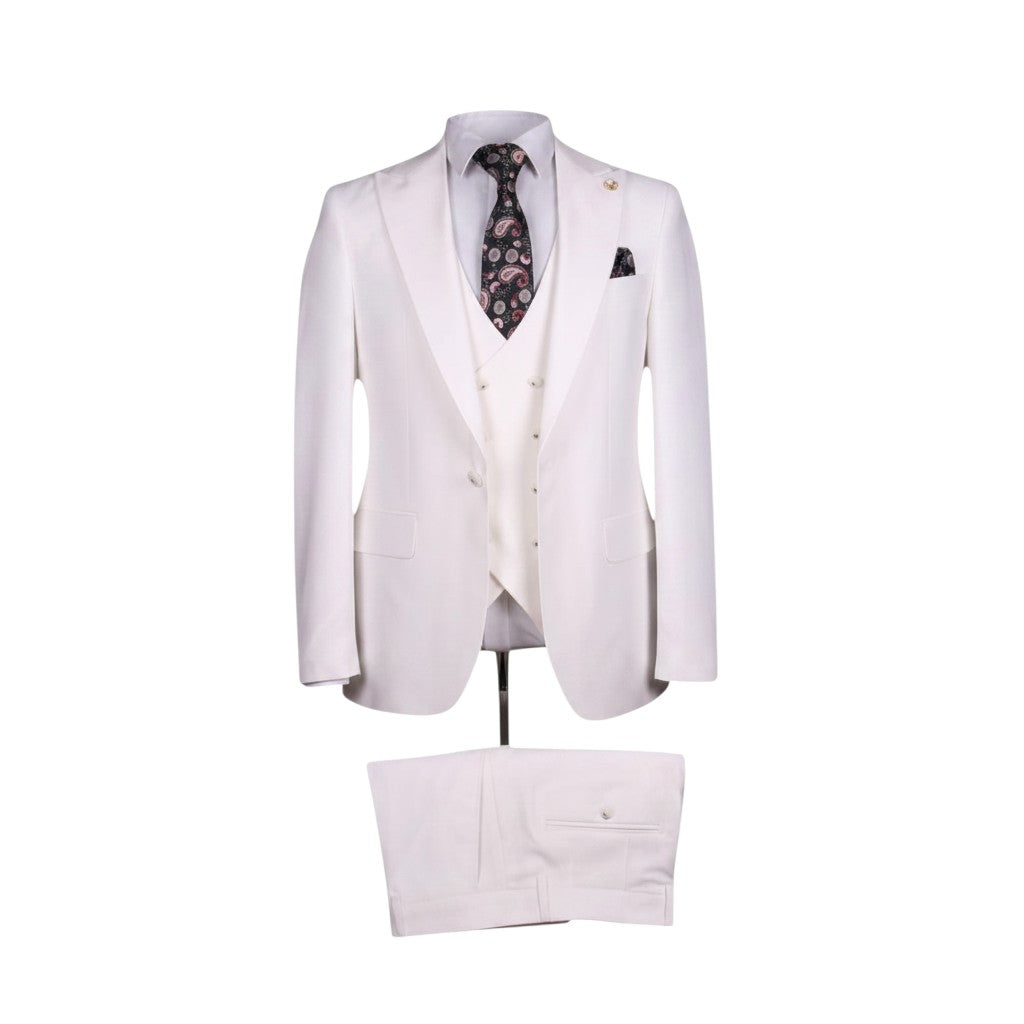 Premium White 3-Piece Suit Set with Dark Paisley Tie