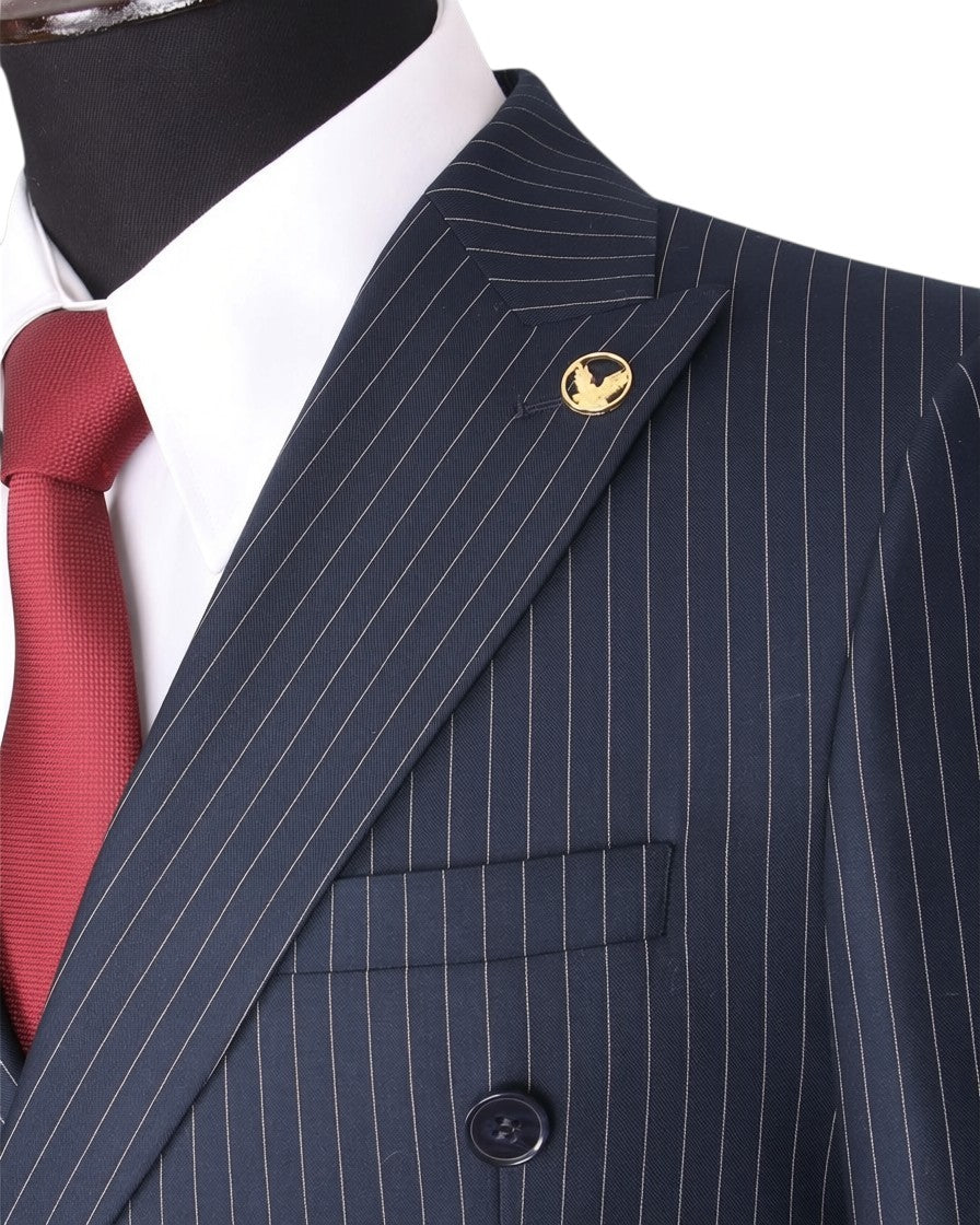 Premium Navy Pinstripe Double-Breasted Suit with Red Tie