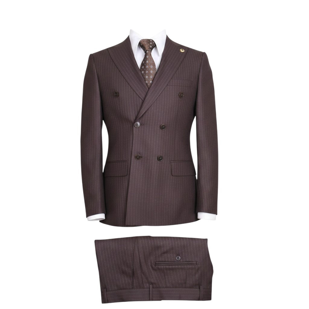 Premium Brown Pinstripe Double-Breasted Suit with Floral Tie