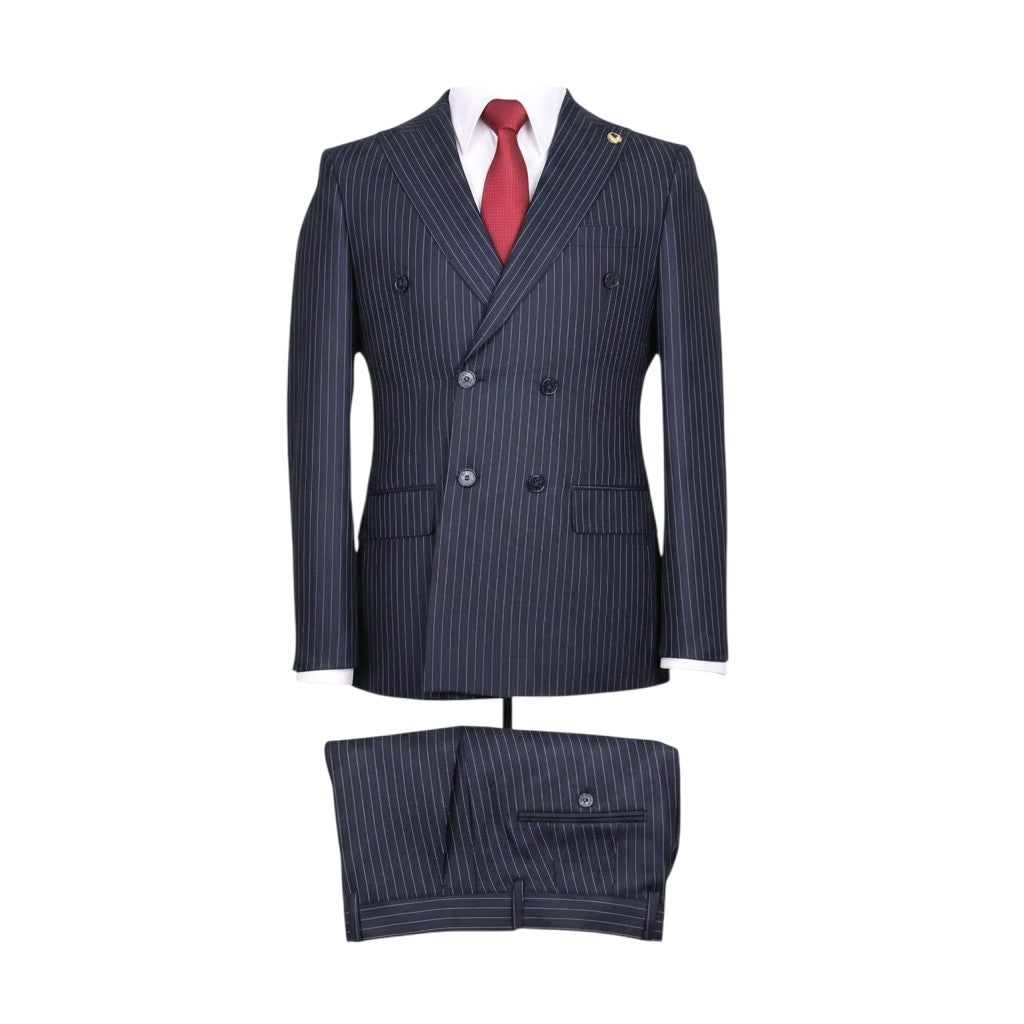 Premium Navy Pinstripe Double-Breasted Suit with Red Tie