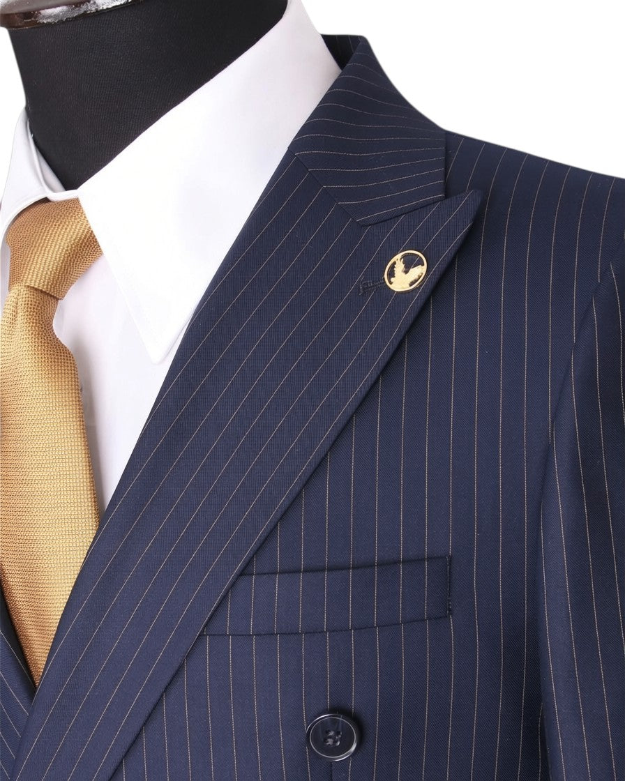 Premium Navy Pinstripe Double-Breasted Suit with Gold Tie