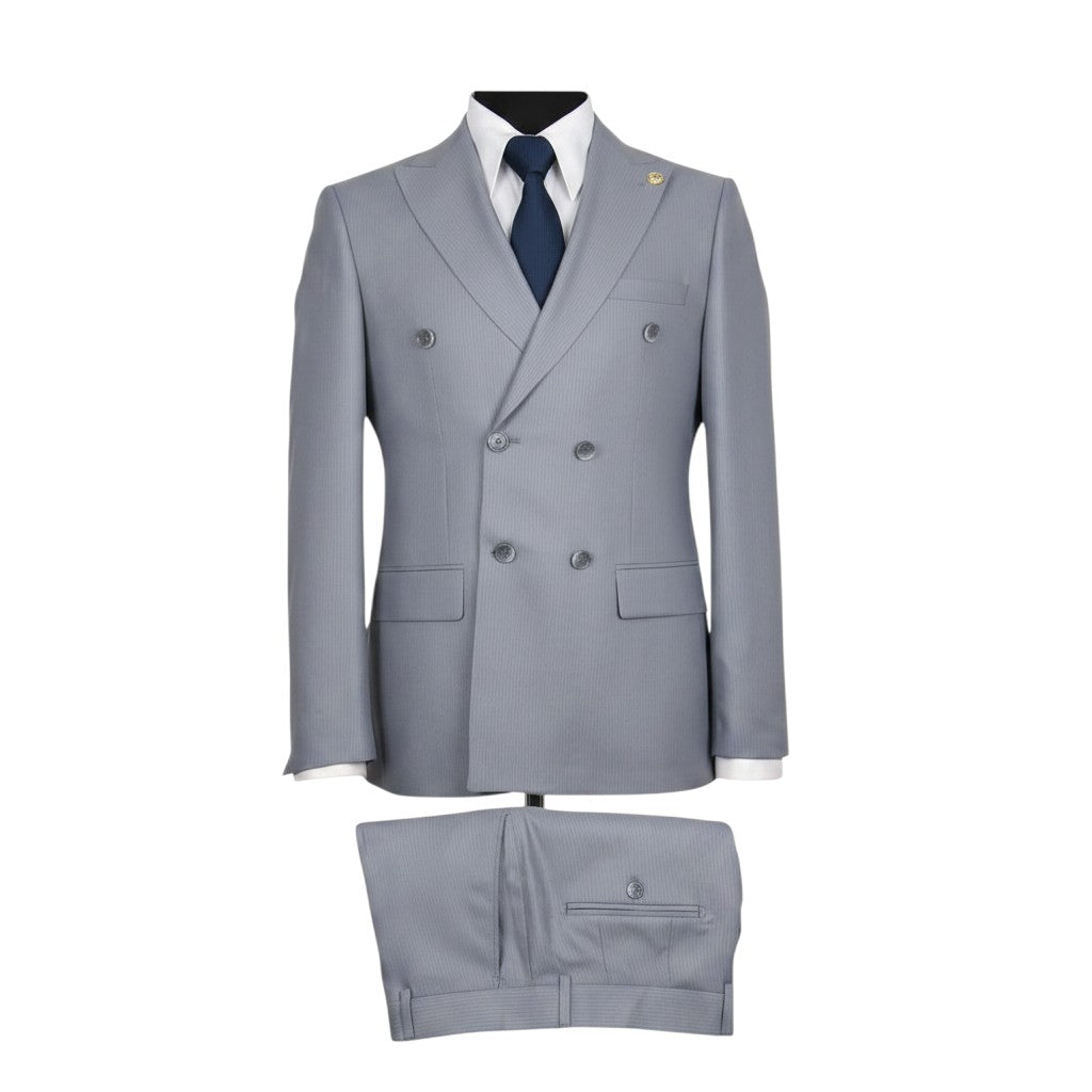 Premium Light Grey Double-Breasted Suit with Navy Tie