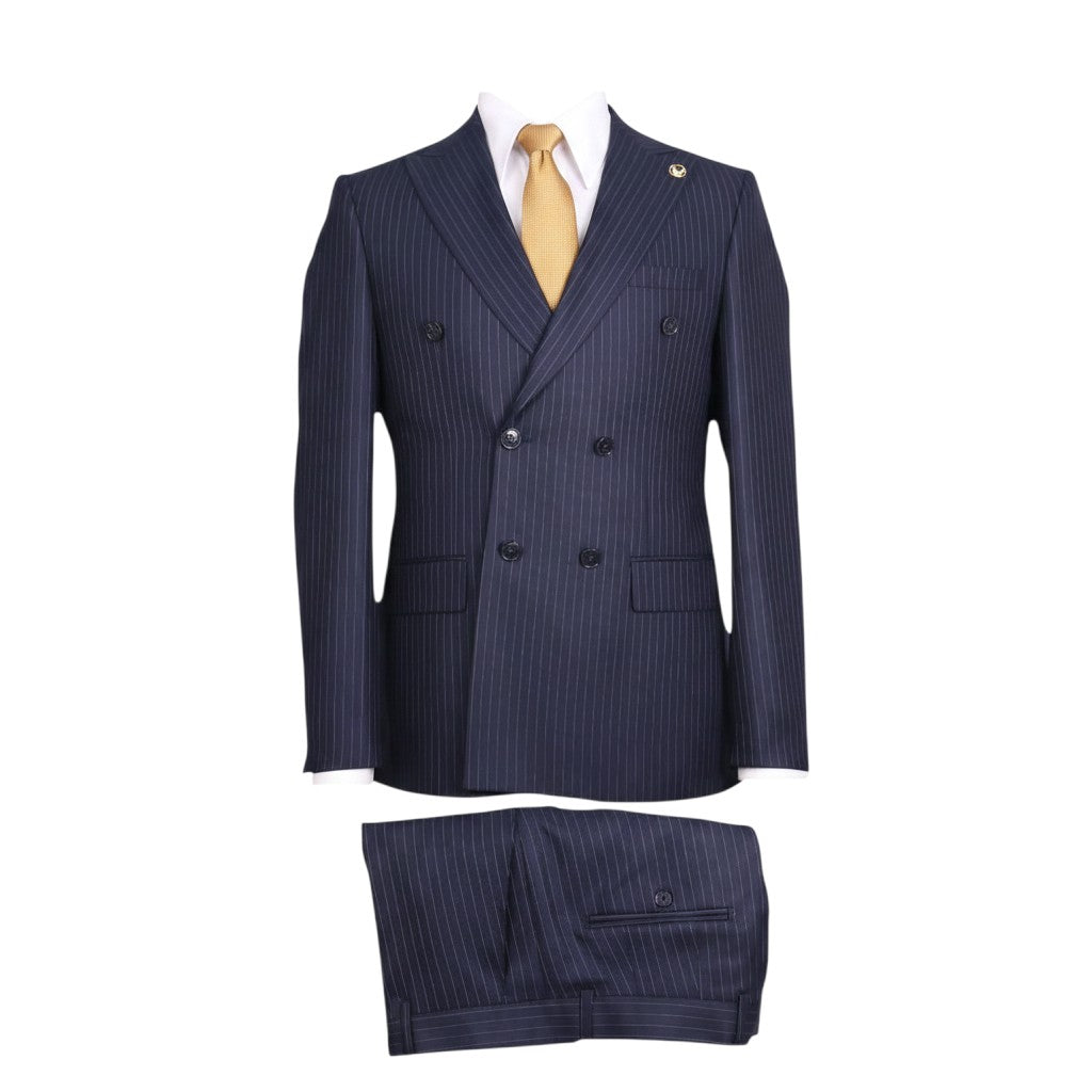 Premium Navy Pinstripe Double-Breasted Suit with Gold Tie