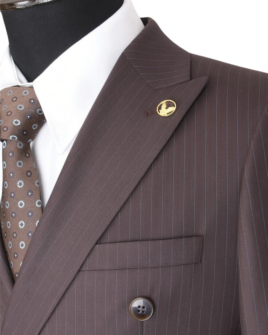 Premium Brown Pinstripe Double-Breasted Suit with Floral Tie