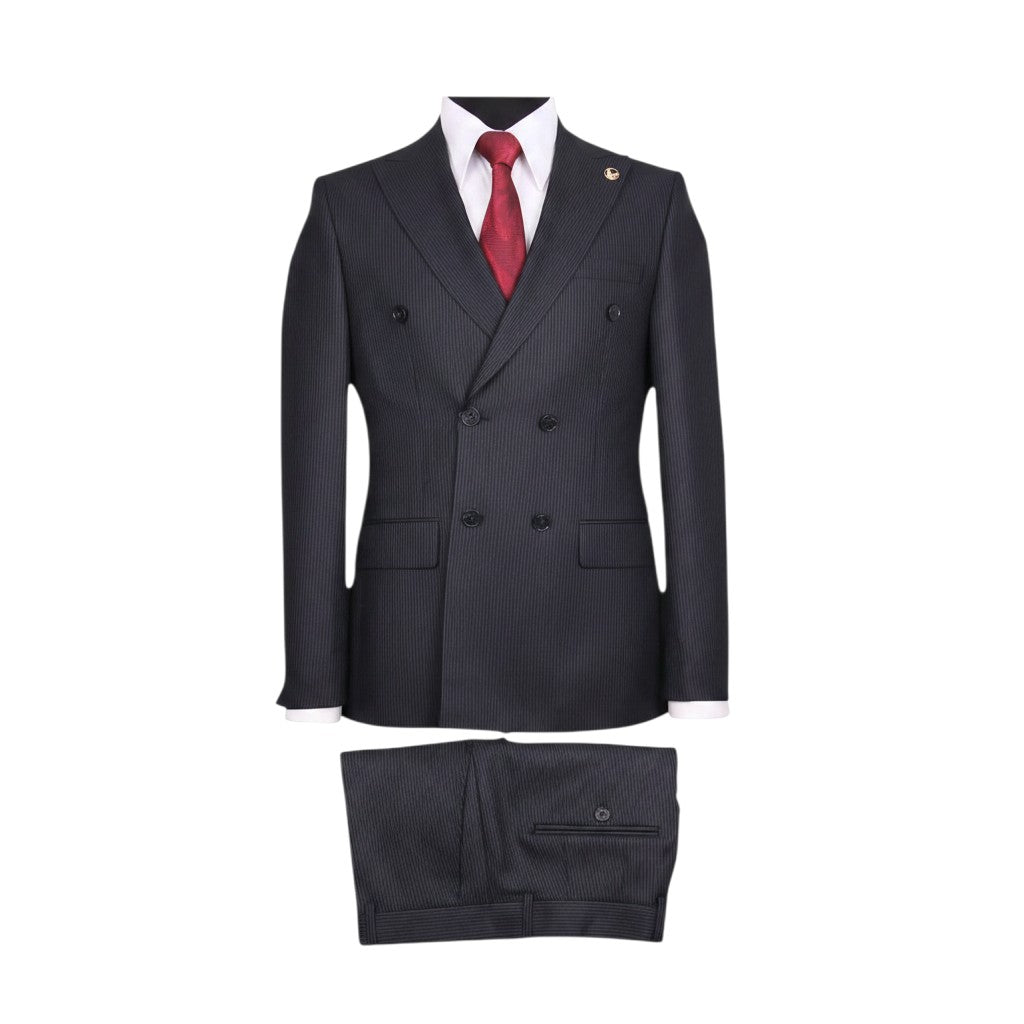 Premium Dark Charcoal Pinstripe Double-Breasted Suit with Red Floral Tie