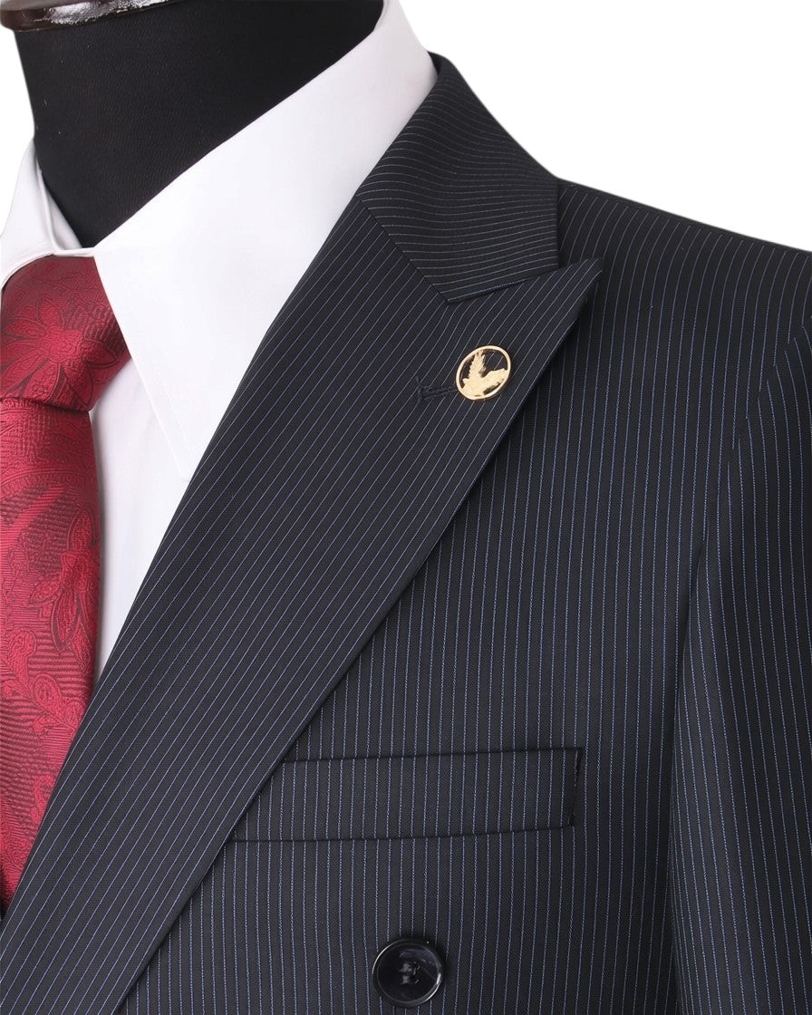 Premium Dark Charcoal Pinstripe Double-Breasted Suit with Red Floral Tie