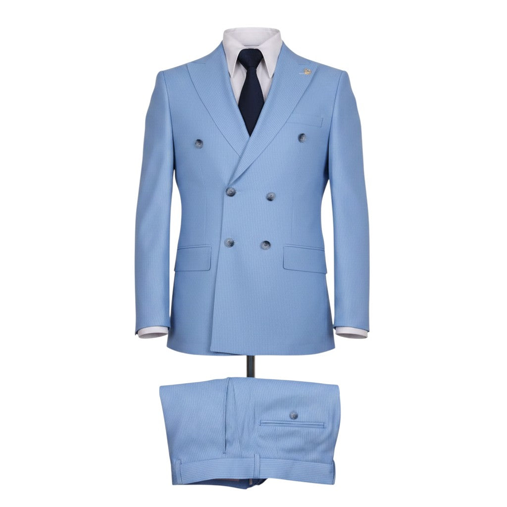 Premium Sky Blue Double-Breasted Suit with Navy Tie