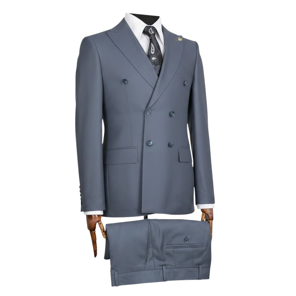Premium Steel Blue Double-Breasted Suit with Paisley Tie