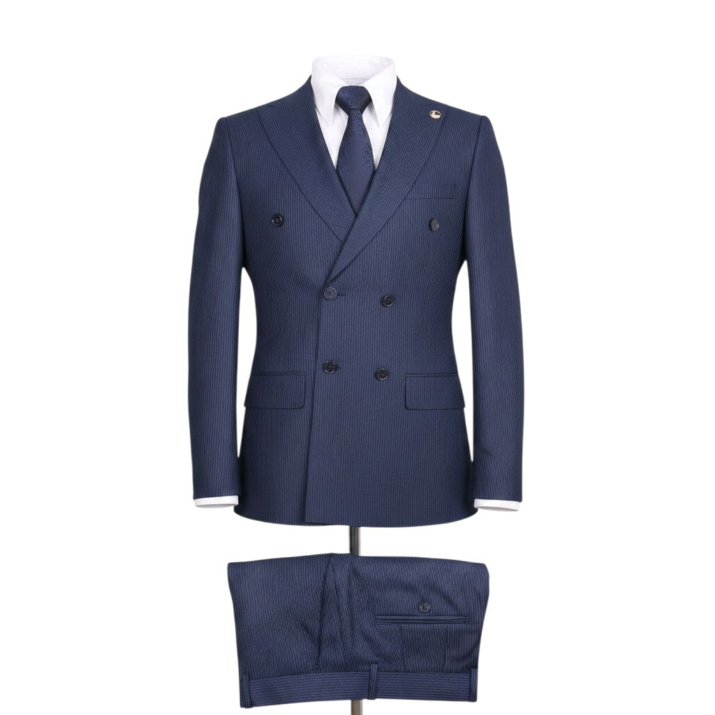 Premium Navy Blue Pinstripe Double-Breasted Suit with Navy Jacquard Tie
