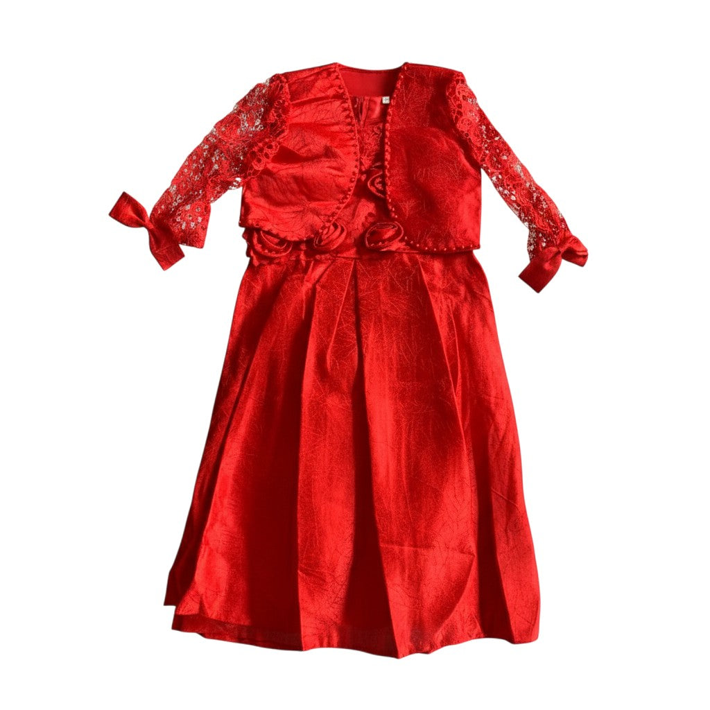 Girls Red Satin & Lace Bolero Dress Set