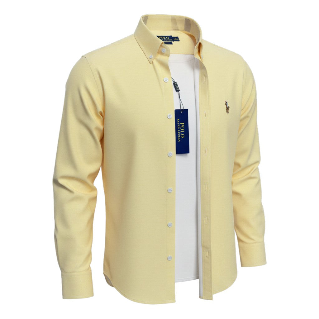 Men's Classic Cream Yellow Long-Sleeve Button-Down Shirt