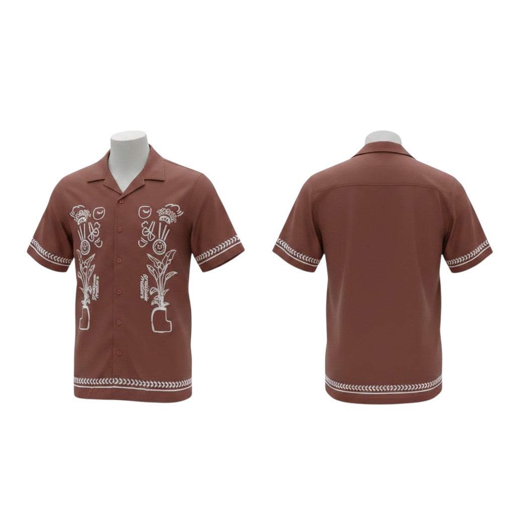 Brown Floral Embroidery Bowling Shirt