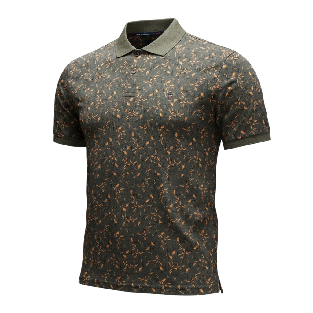 Dark Olive Leaf Print Polo