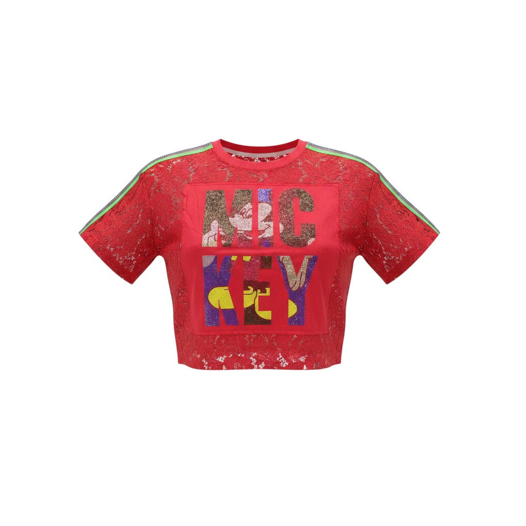 Red Mickey Glitter Lace Crop Tee