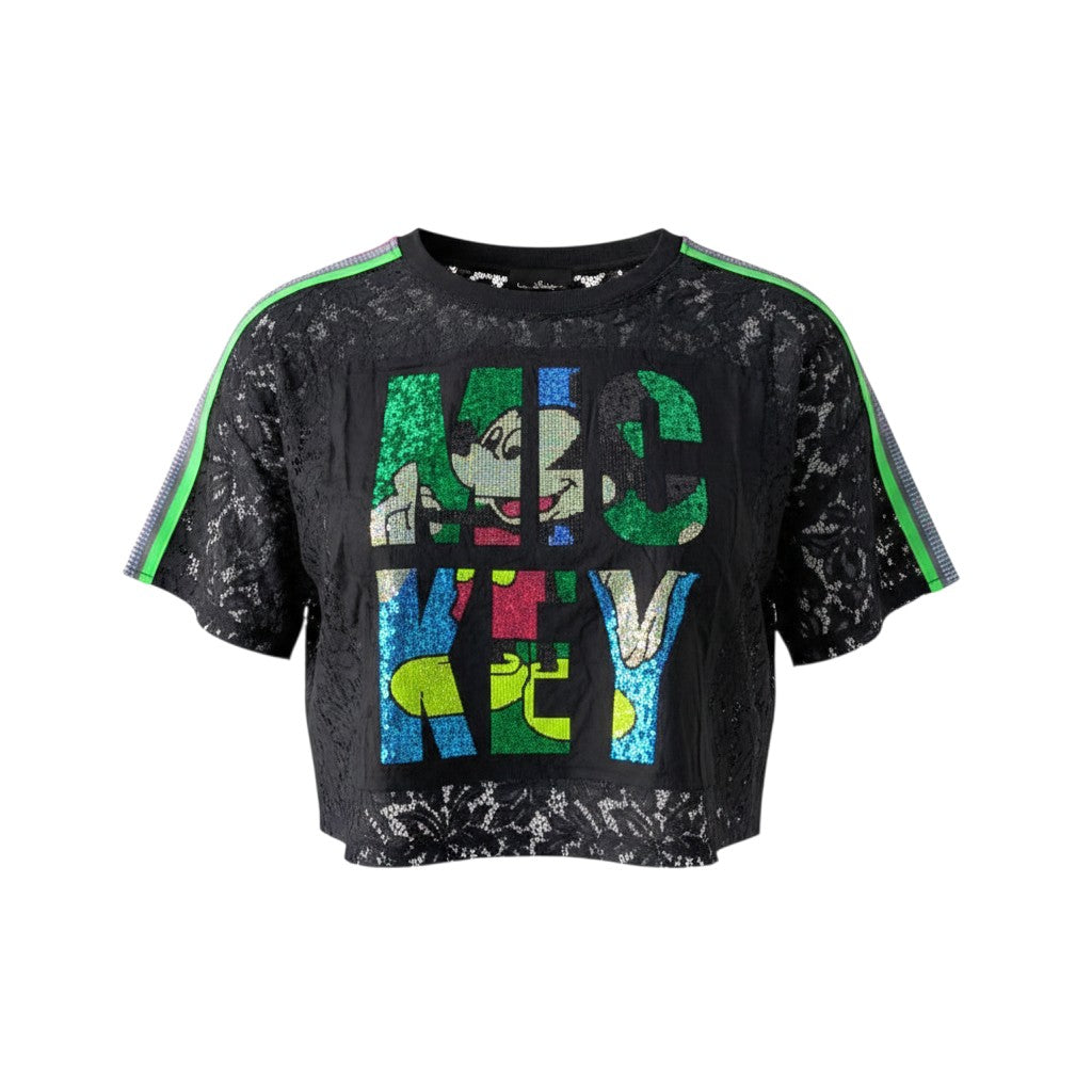 Black Mickey Rhinestone Lace Crop Tee
