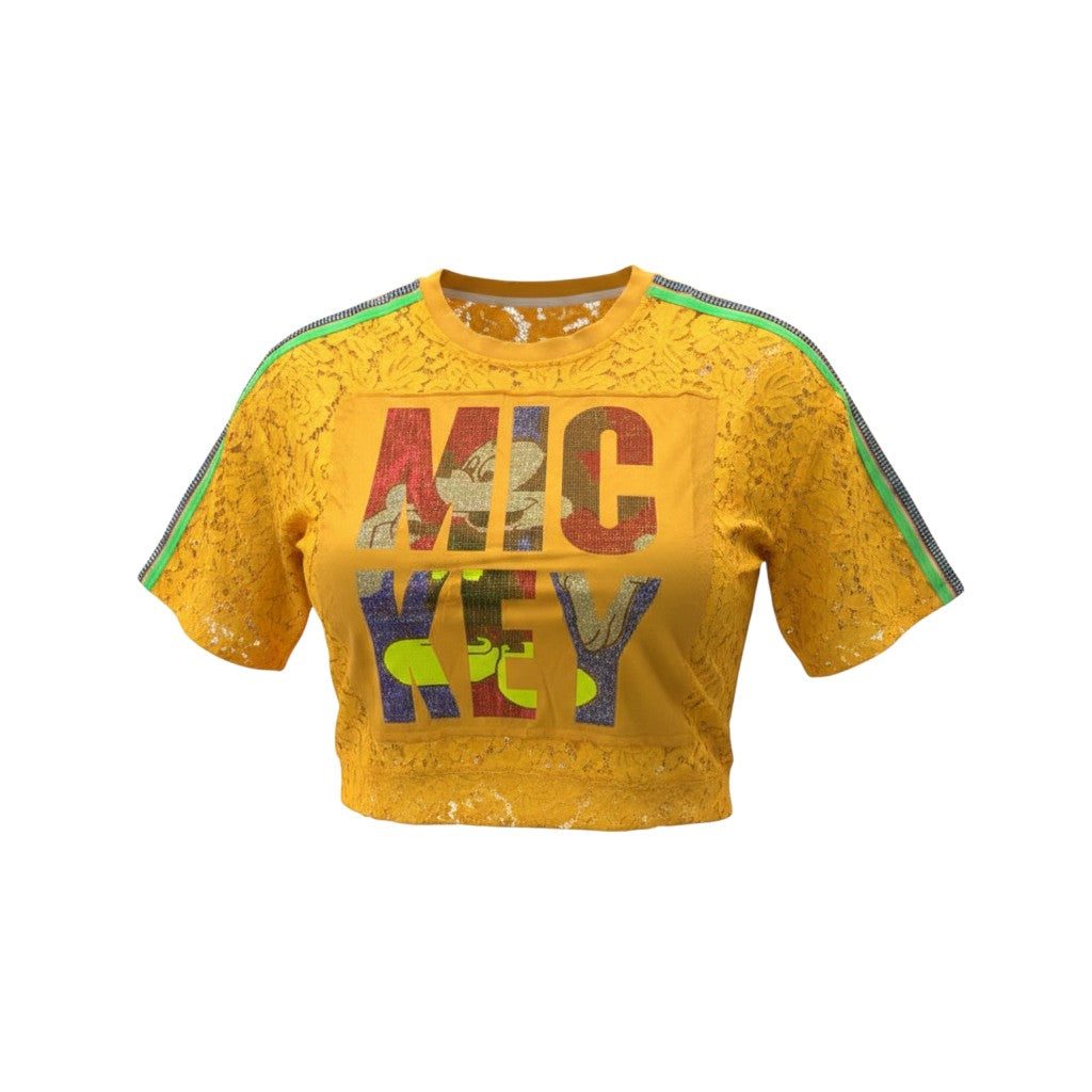 Yellow Mickey Rhinestone Lace Crop Tee
