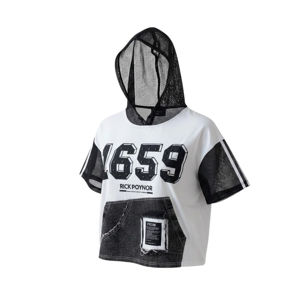1659 Mesh Hood Denim Crop Top