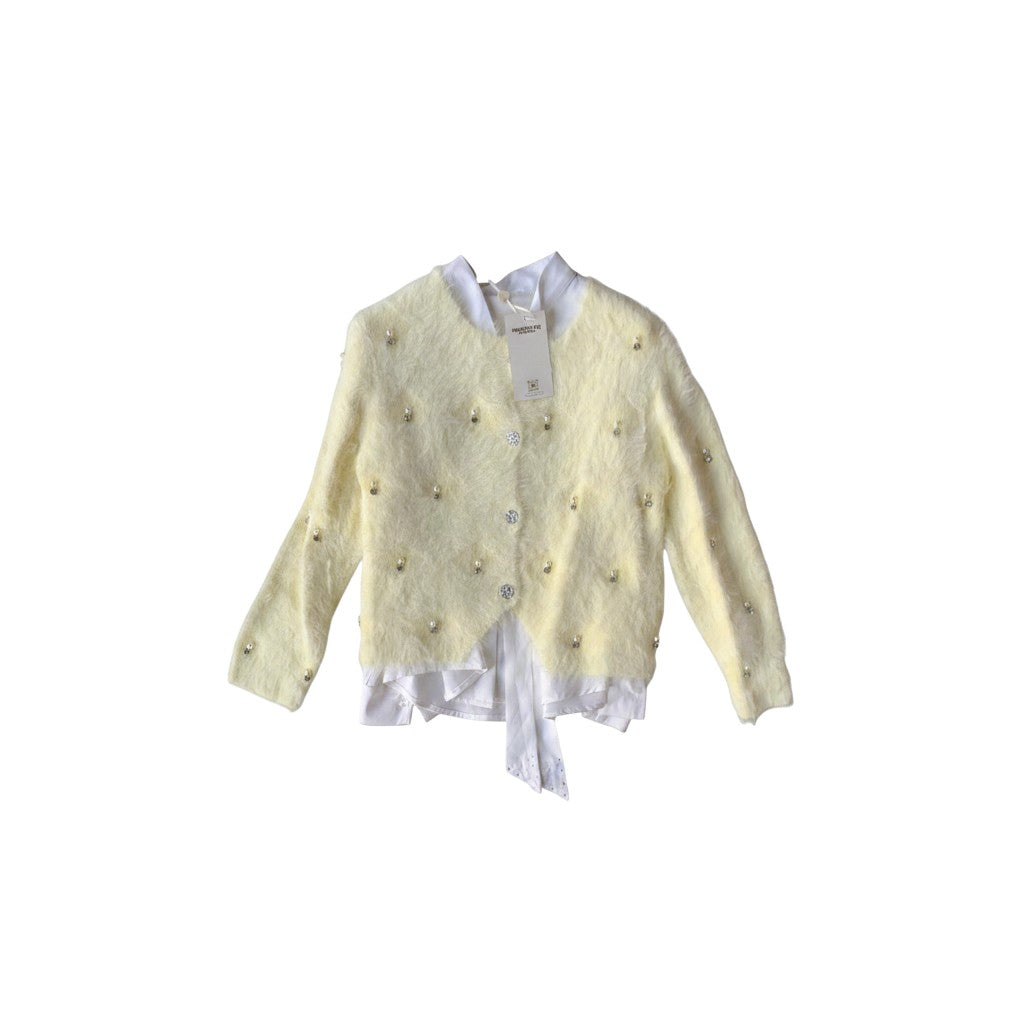 Girls Pearl Fuzzy Cardigan & Bow Jeans Set