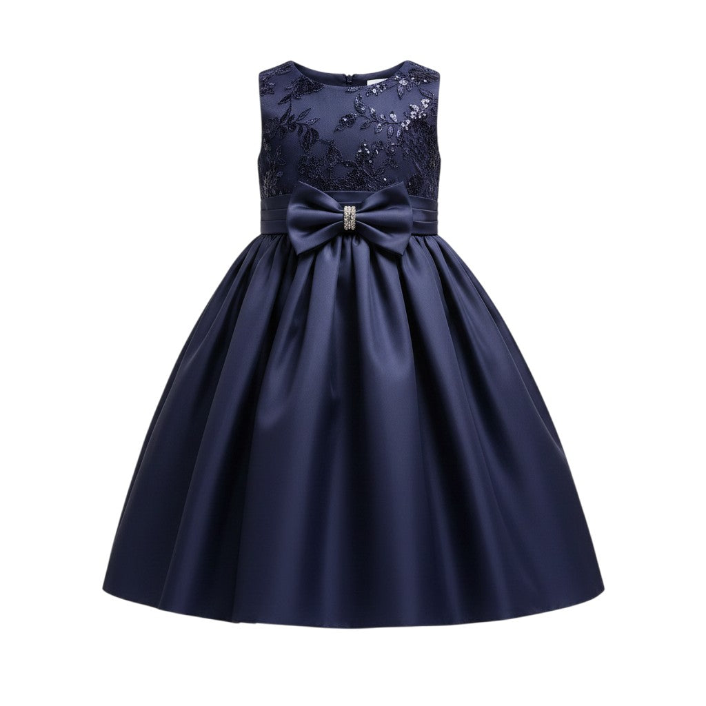 Girls Navy Sequin Bow Dress