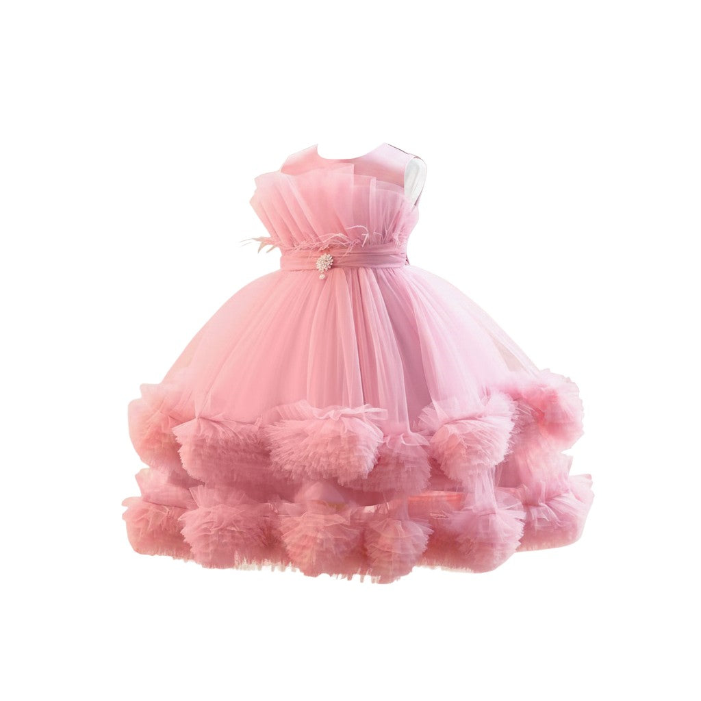 Girls Pink Ruffle Tulle Gown