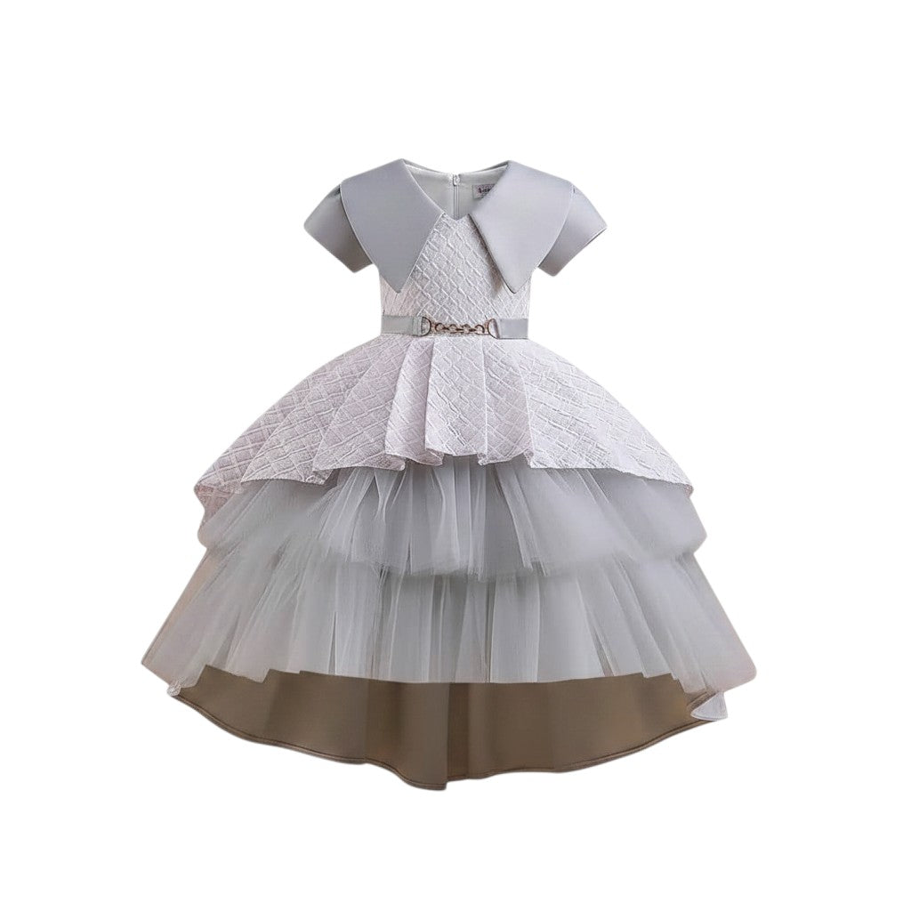 Grey Quilted Tiered Tulle Ball Gown