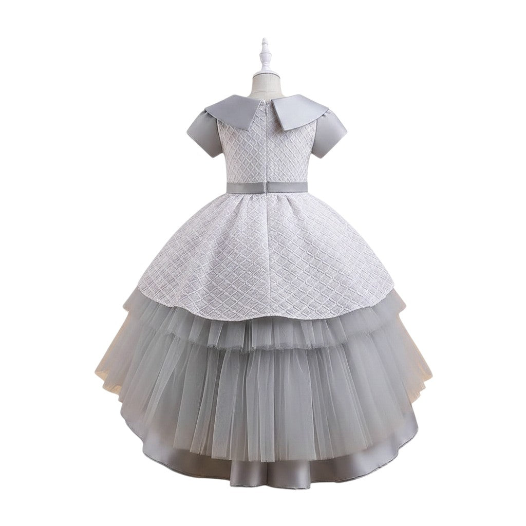 Grey Quilted Tiered Tulle Ball Gown