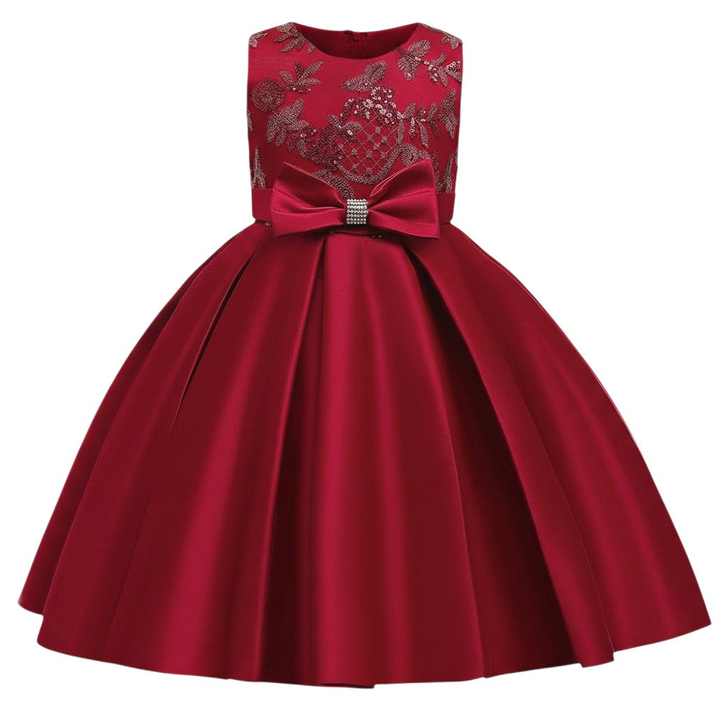 Wine Red Sequin Bow Satin Dress