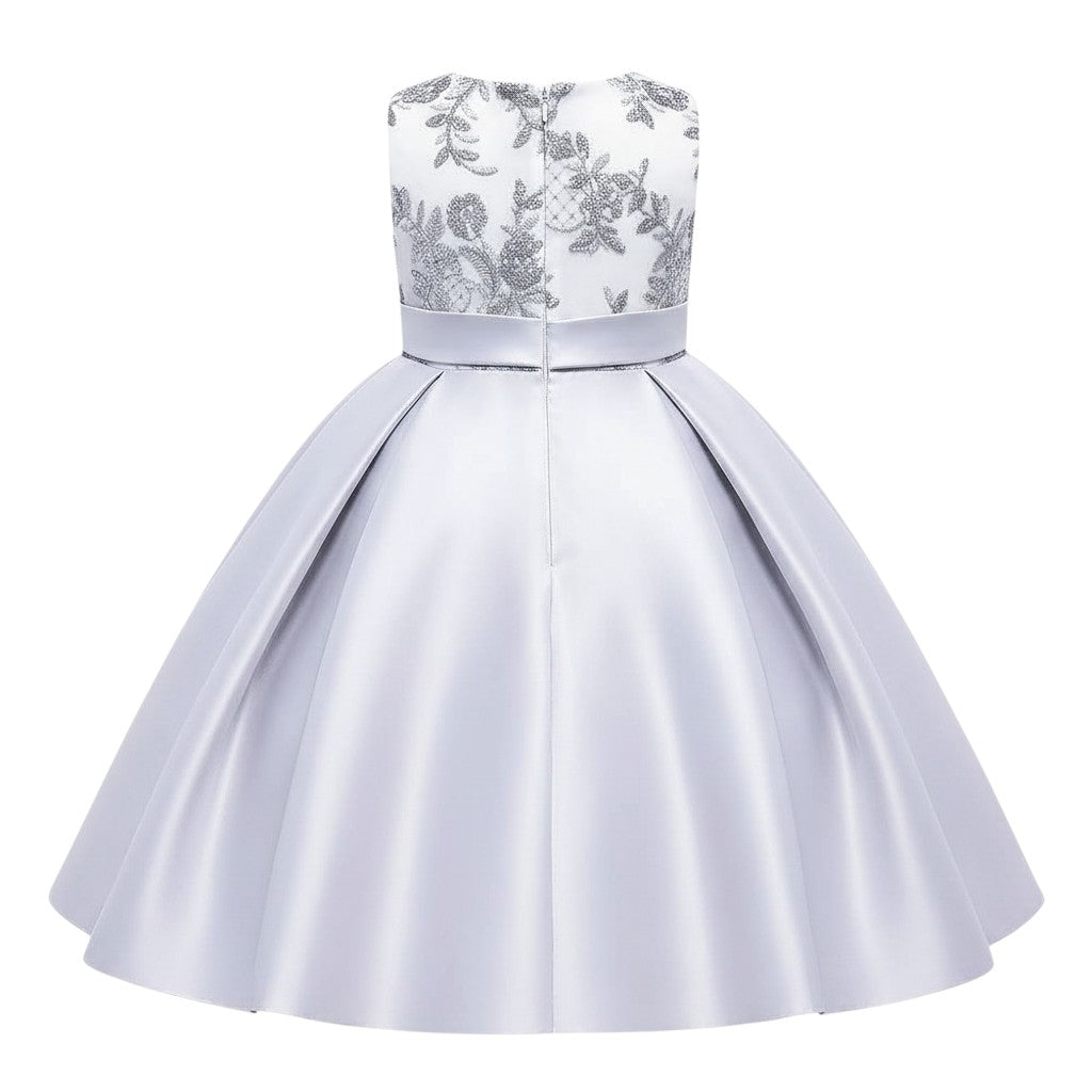Silver Sequin Lace Bow Satin Gown