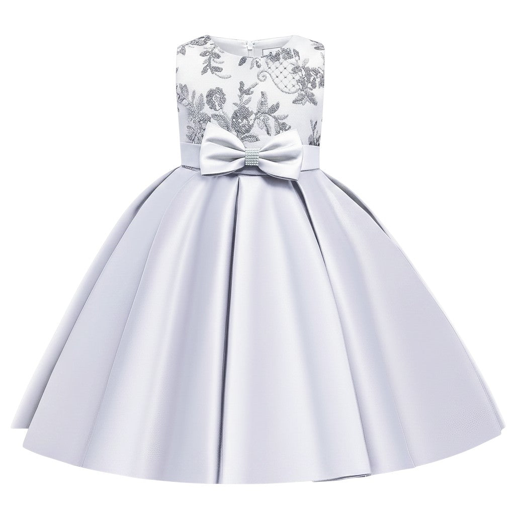 Silver Sequin Lace Bow Satin Gown