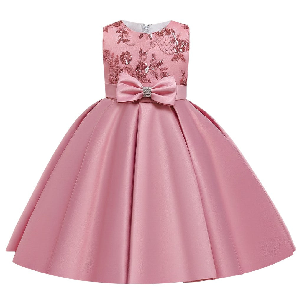 Pink Sequin Bow Satin Ball Gown