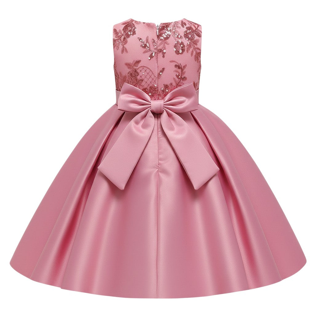 Pink Sequin Bow Satin Ball Gown