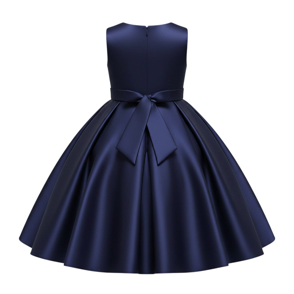 Navy Blue Sequin Bow Satin Gown
