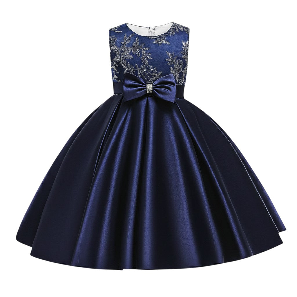 Navy Blue Sequin Bow Satin Gown