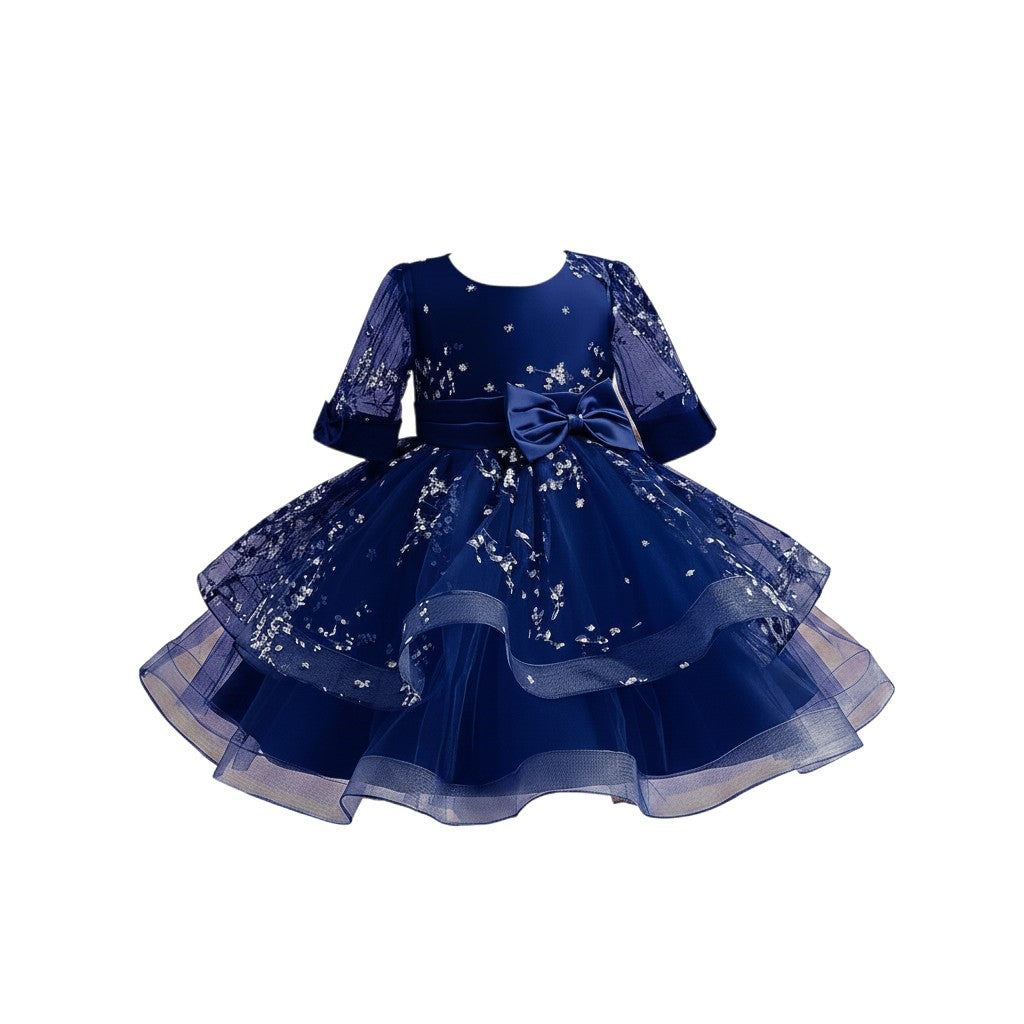 Navy Sequin Tiered Tulle Sleeve Dress