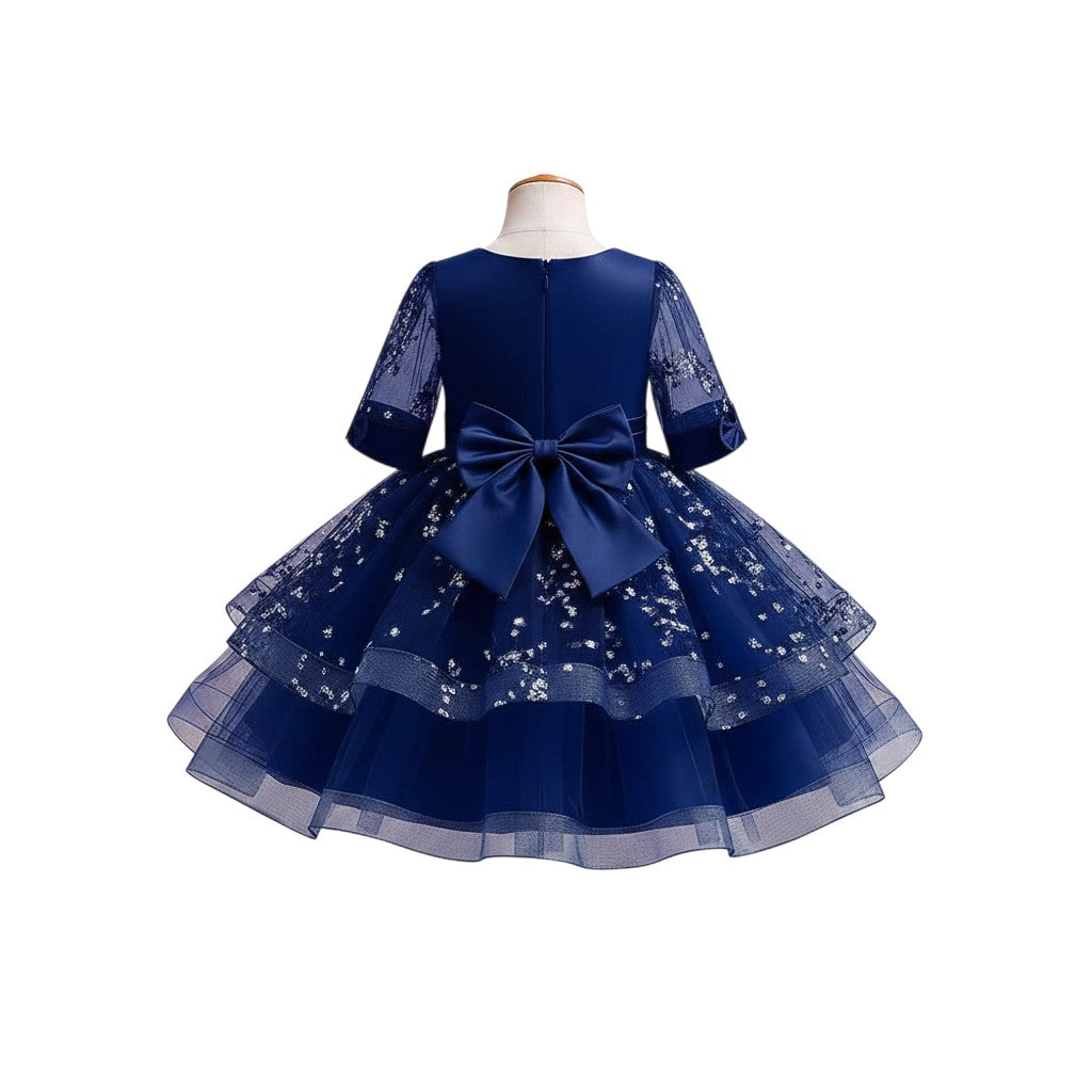 Navy Sequin Tiered Tulle Sleeve Dress