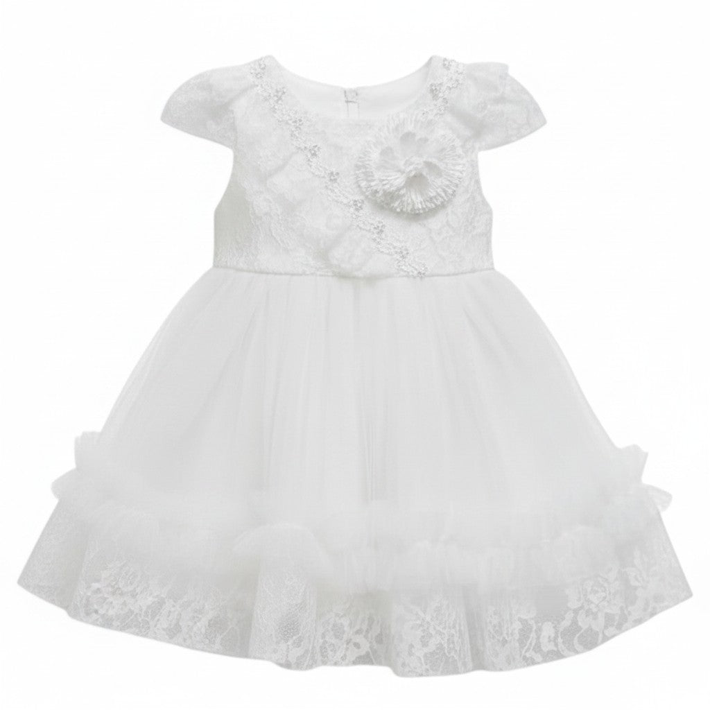 White Rosette Lace Puff Sleeve Dress