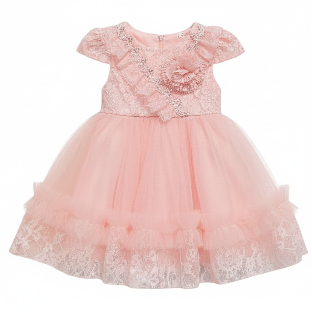 Peach Rosette Lace Puff Sleeve Dress