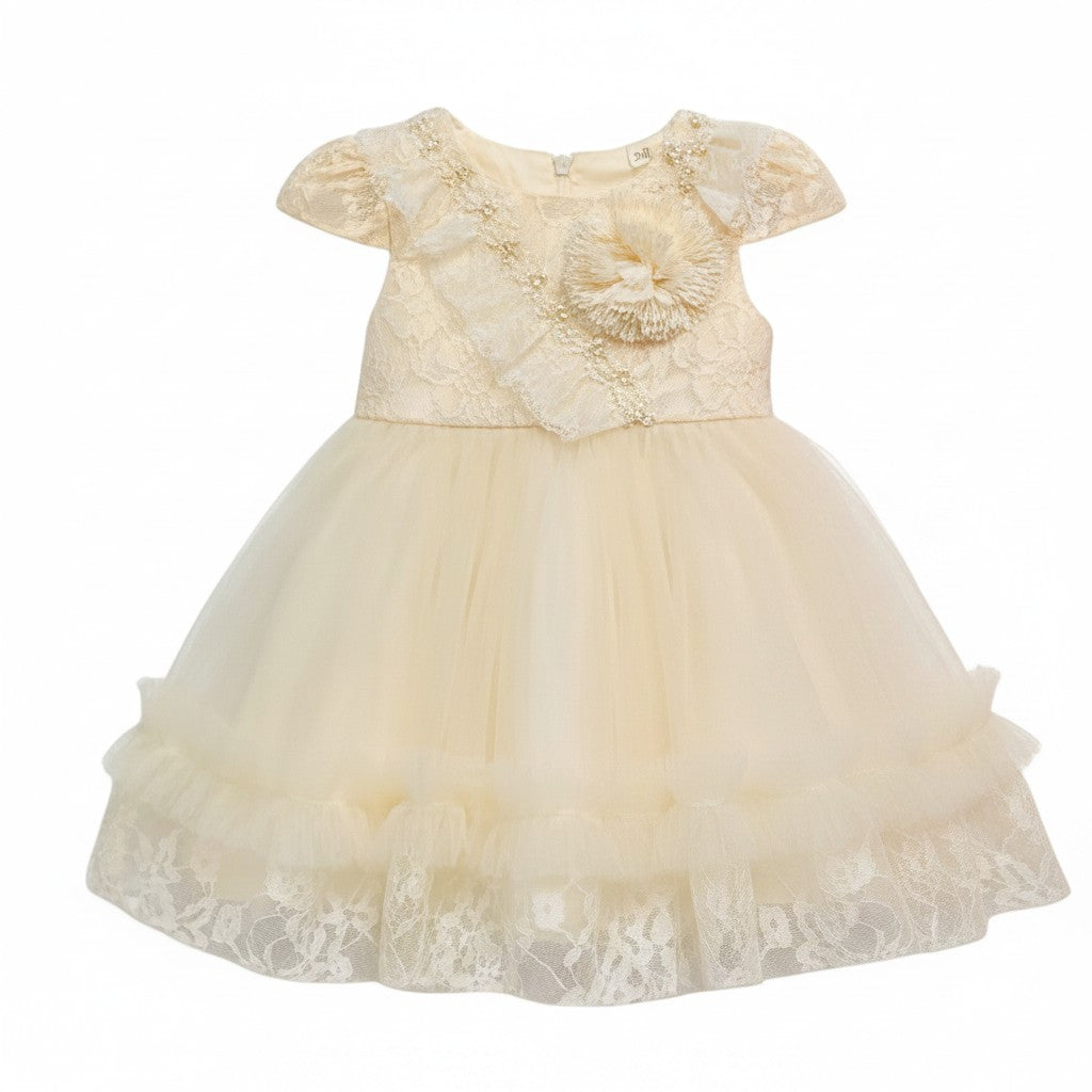 Champagne Rosette Lace Puff Sleeve Dress