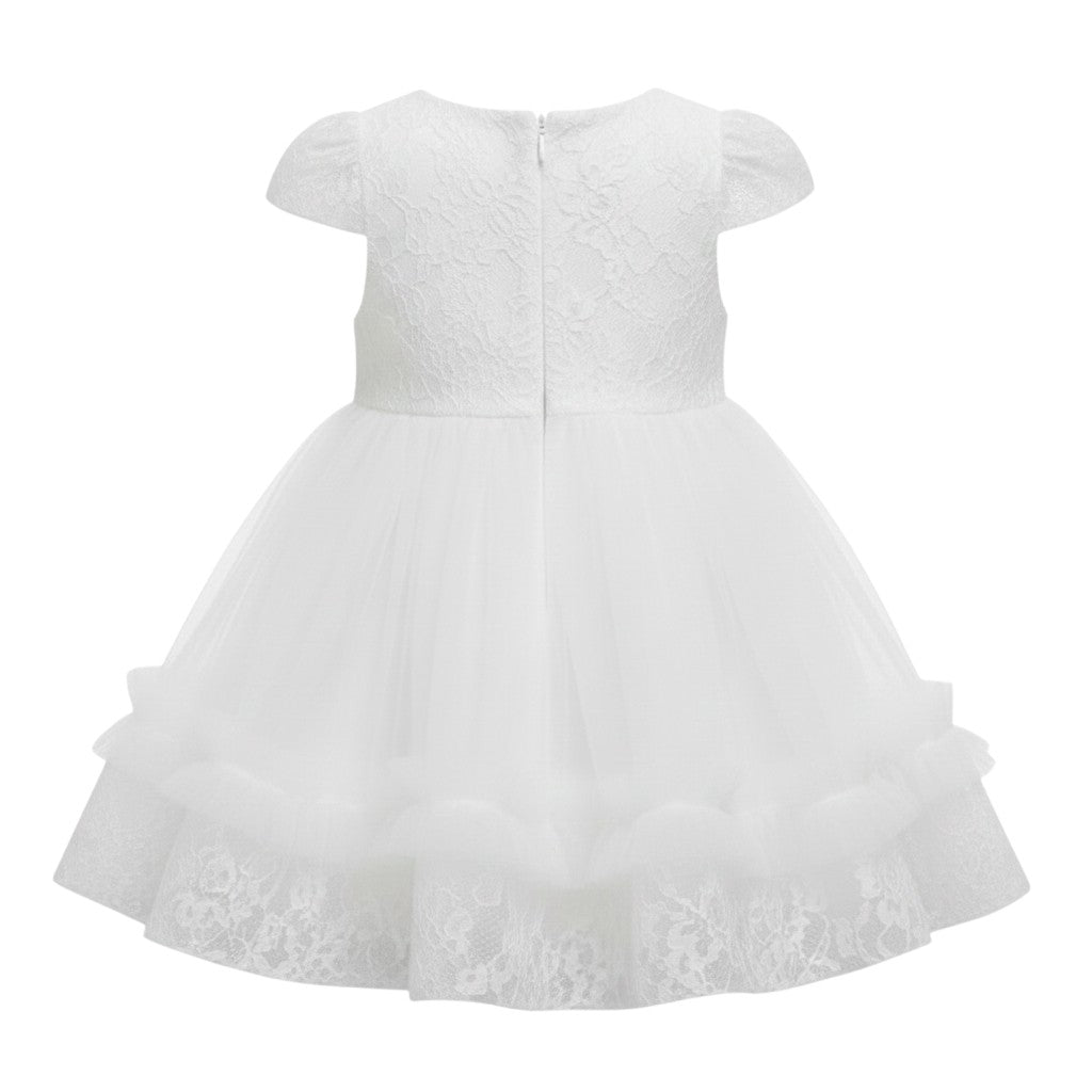 White Rosette Lace Puff Sleeve Dress