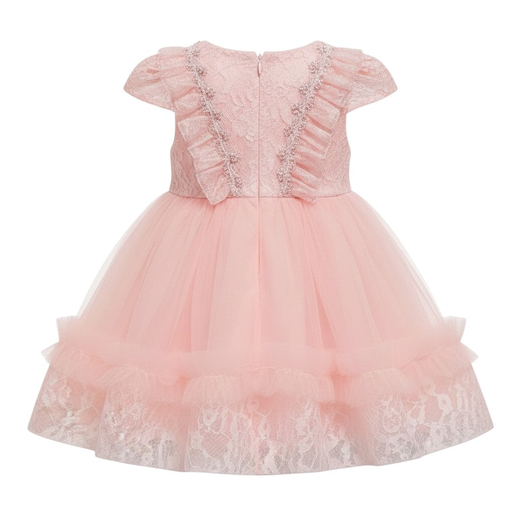Peach Rosette Lace Puff Sleeve Dress