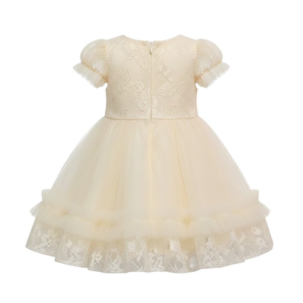 Champagne Rosette Lace Puff Sleeve Dress