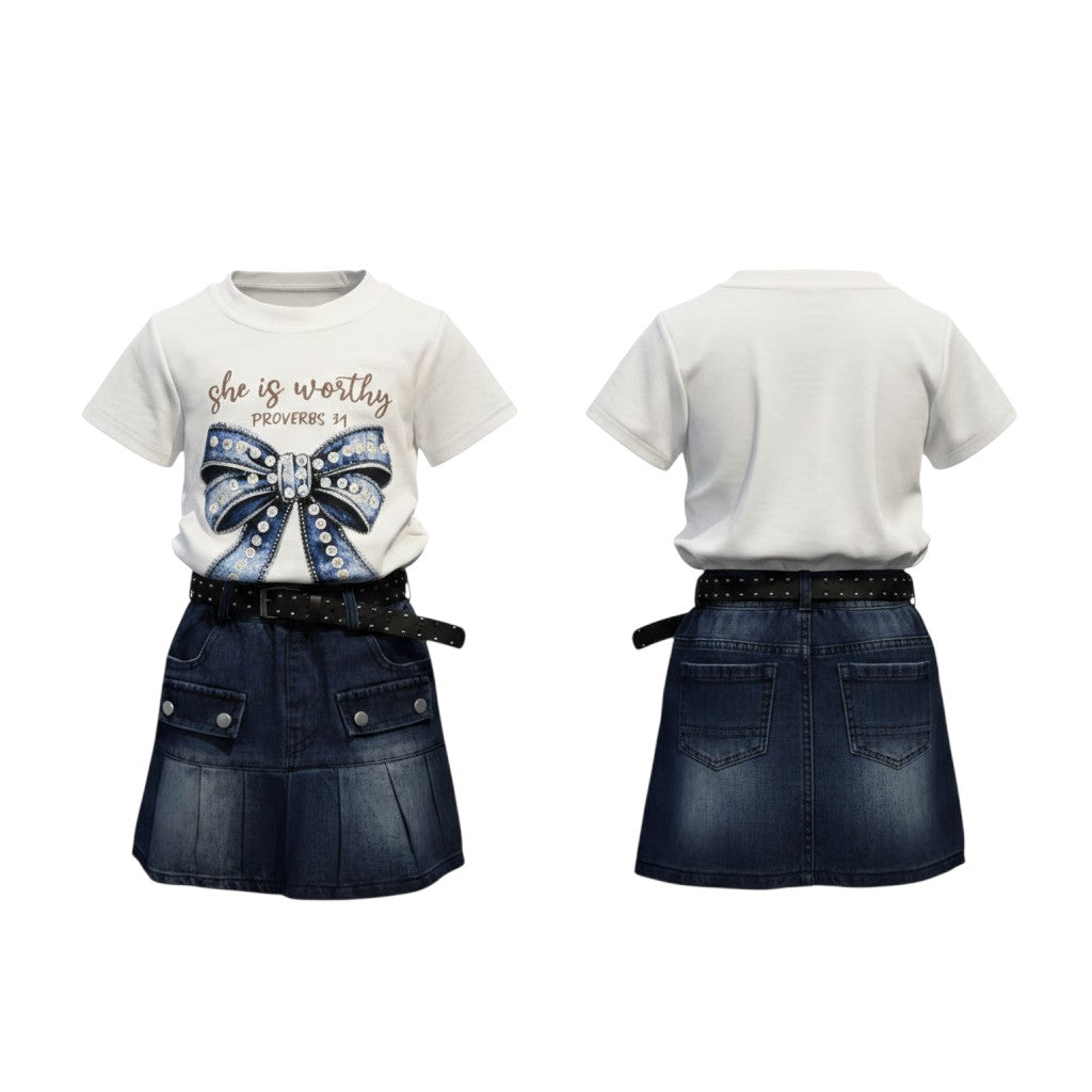 Girls Denim Skirt & Graphic Tee Set