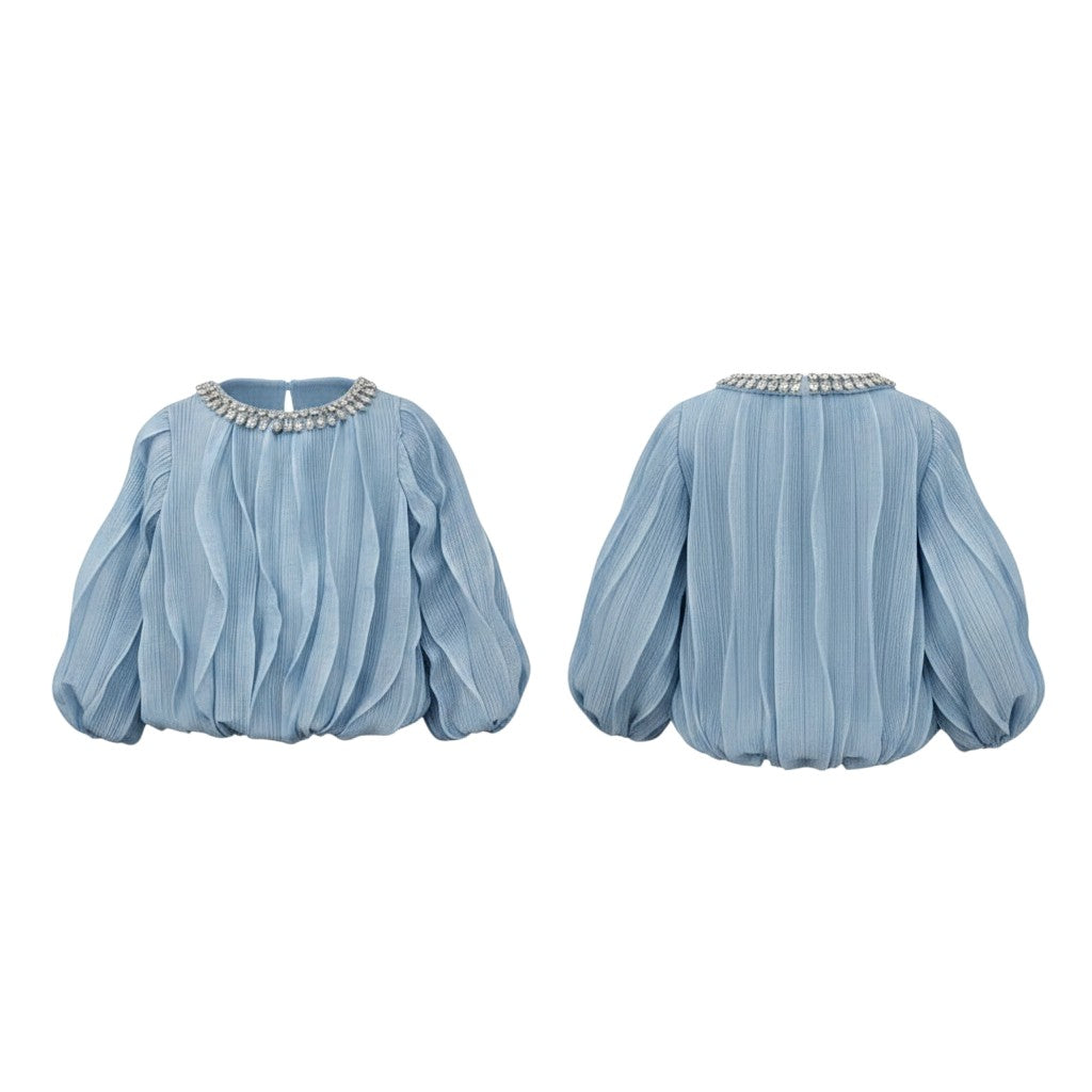 Girls Blue Pleated Puff Sleeve Top